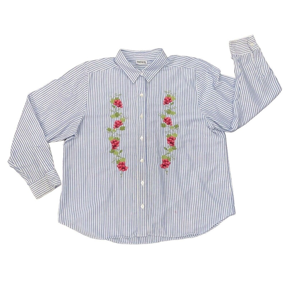 Vintage 90s BonWorth Blue White Vertical Stripe Flower Embroidered Top Sz XL